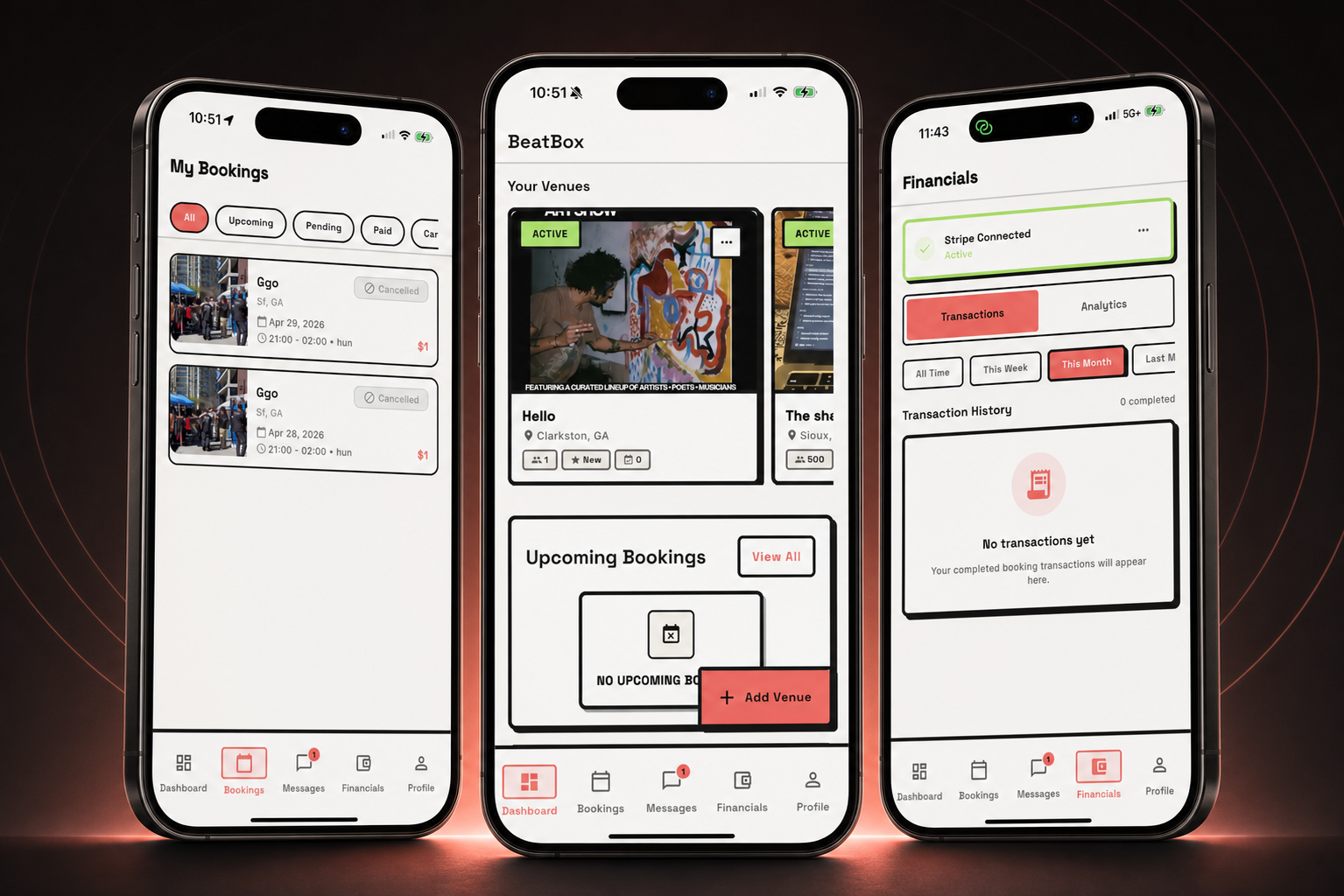 BeatBox bookings, venue dashboard, and Stripe-connected financial screens