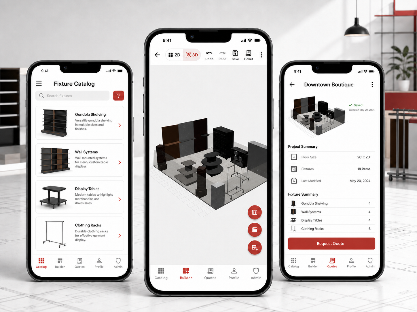 Fixtures App catalog, 3D room builder, and quote request screens