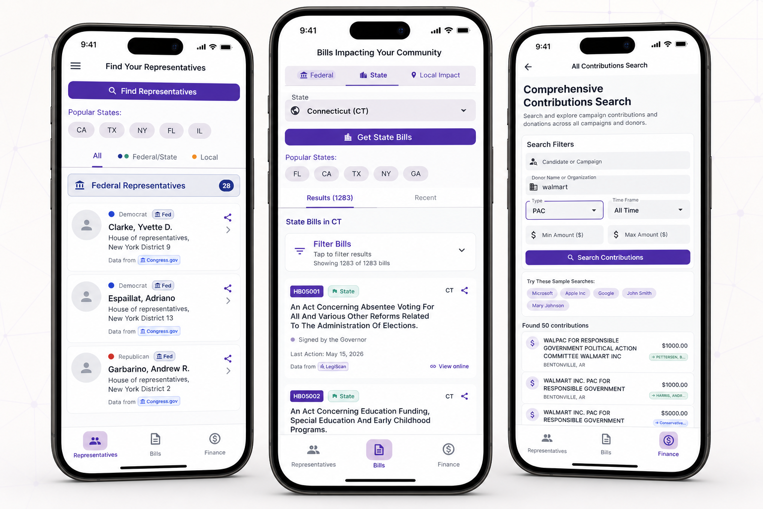 Govvy representative search, bill tracking, and campaign-finance tools shown on iPhones