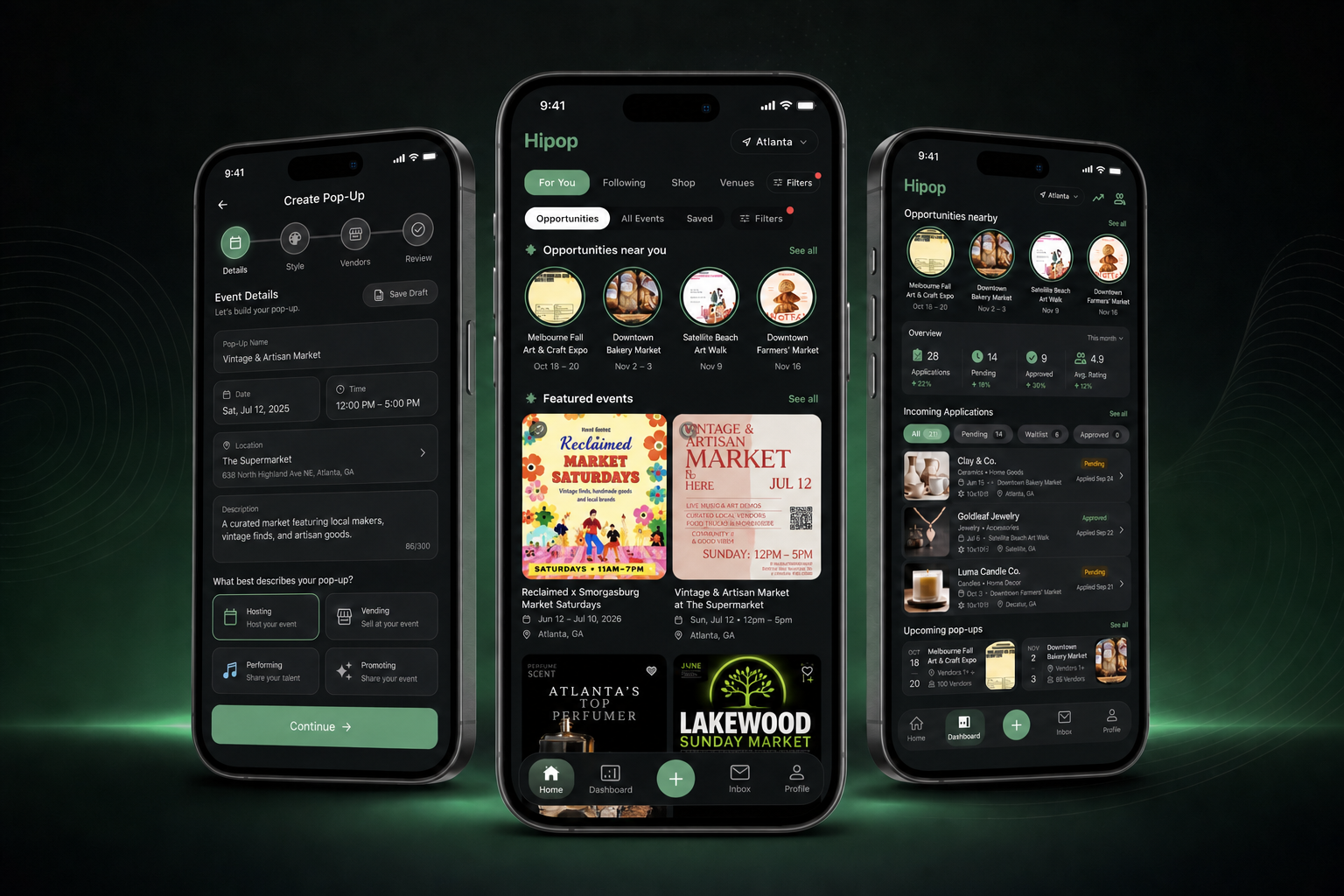HiPop Markets event creation, local pop-up discovery, and management dashboard screens