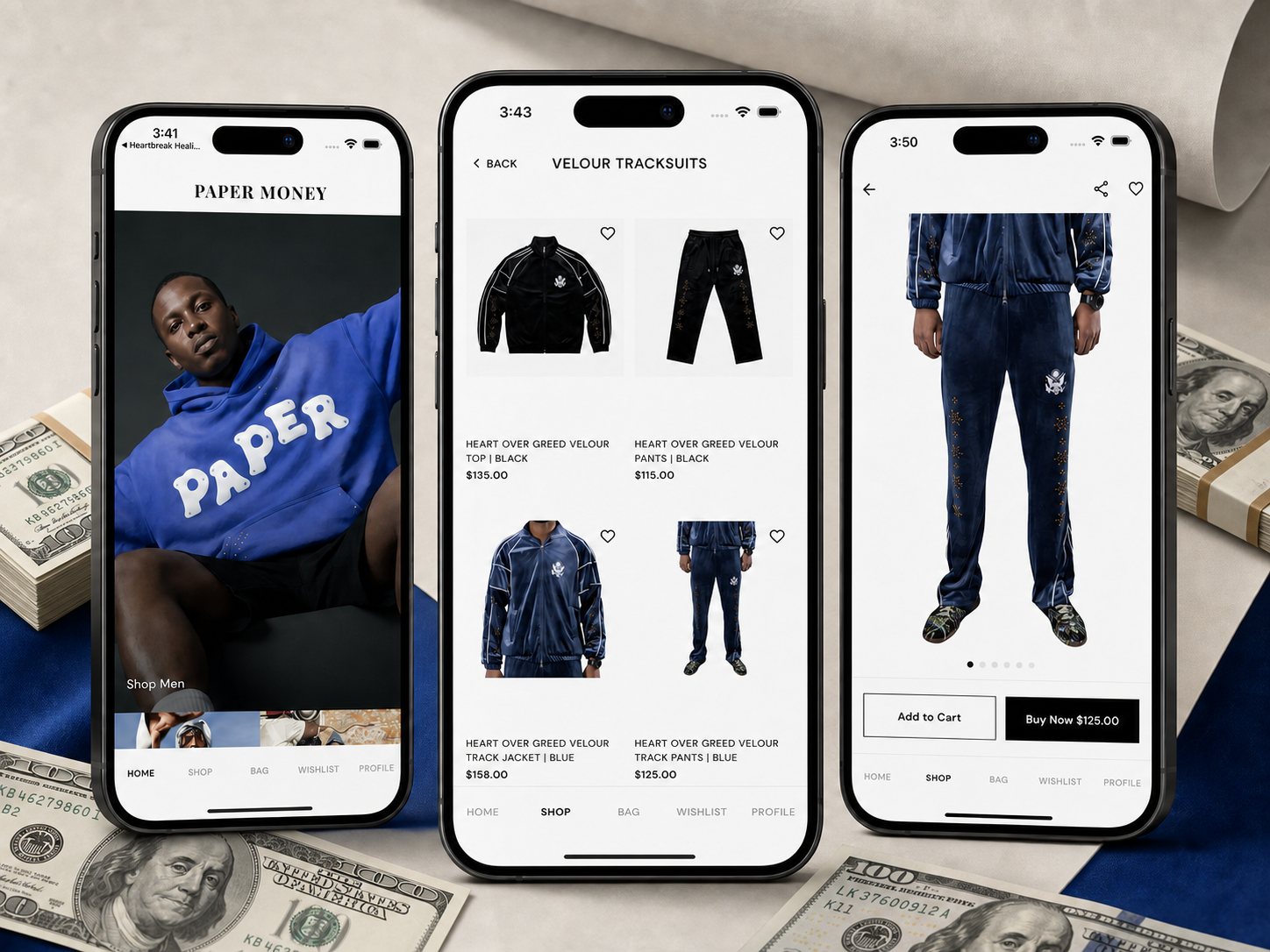 Paper Money editorial home, velour collection, and product checkout screens on iPhones