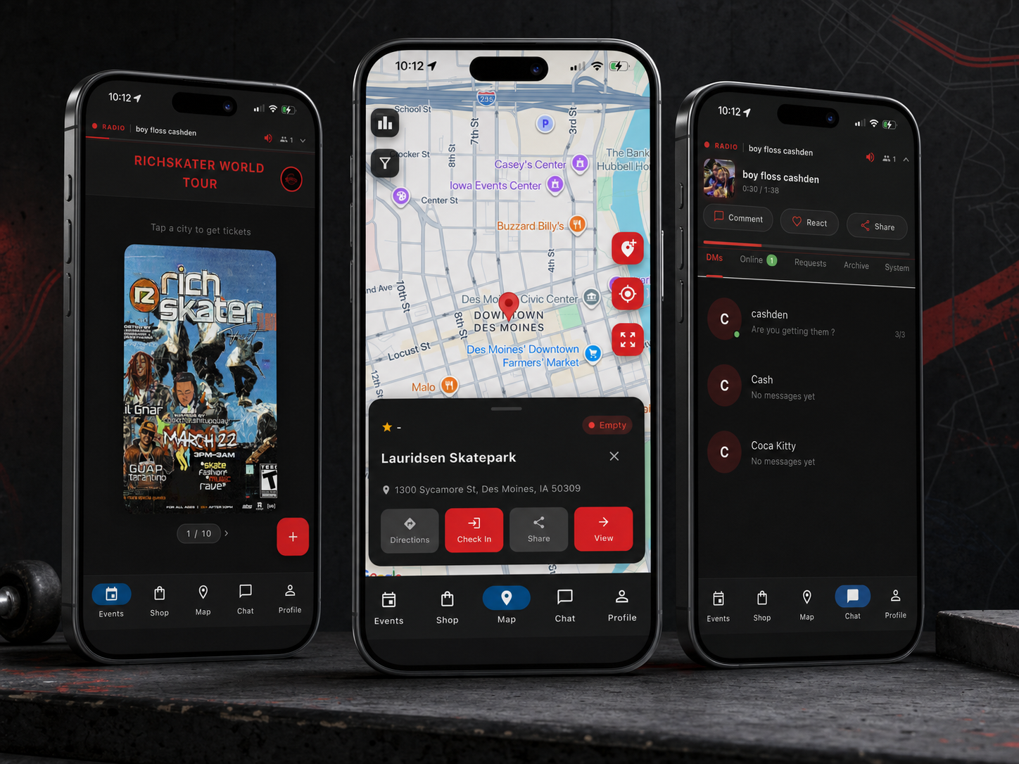 Richskater live radio chat, skatepark map, and tour event screens